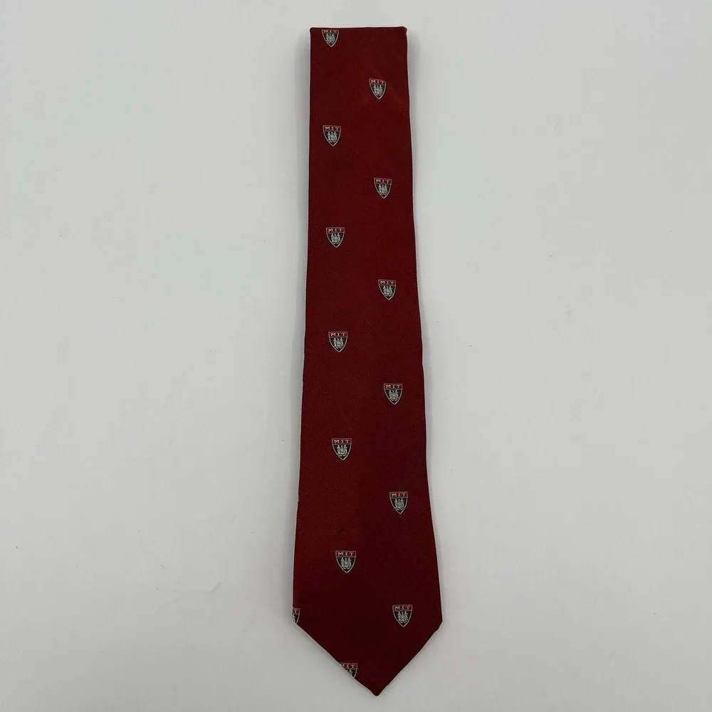 Vtg 90s Rivetz of Boston Tie Mens Silk MIT Crest Logo Burgundy Red Necktie Ivy